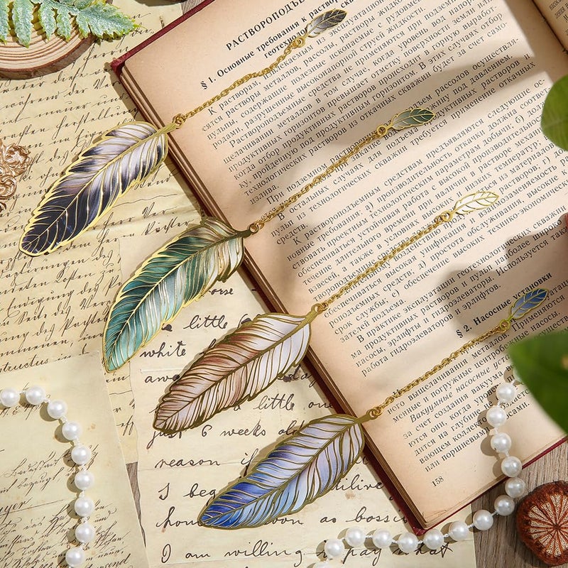 icceemee 4pcs Metal Feather Bookmarks with Pendant Elegant Bookmark Set for Book Lovers  Writers  Readers Durable Book Markers with English Inscriptions Unique Gifts for Men  Women  Students  Teacher - Image 3